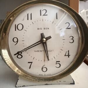 VTG Westclock Big Ben Mechanical windup clock alarm cream gold metal gear driven